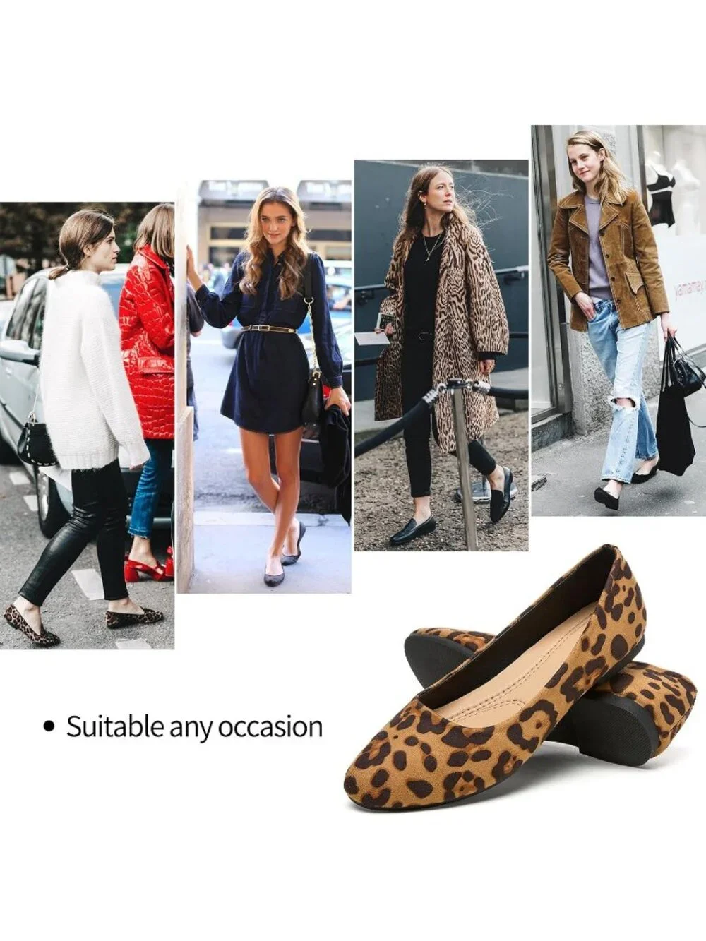 Women's Leopard PU Leather Closed Toe Comfortable Flexible Slip On Ballet Flats